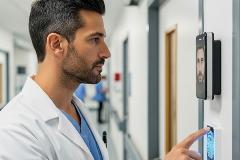 Médico utilizando control de acceso biométrico con reconocimiento facial y huella dactilar en un pasillo hospitalario