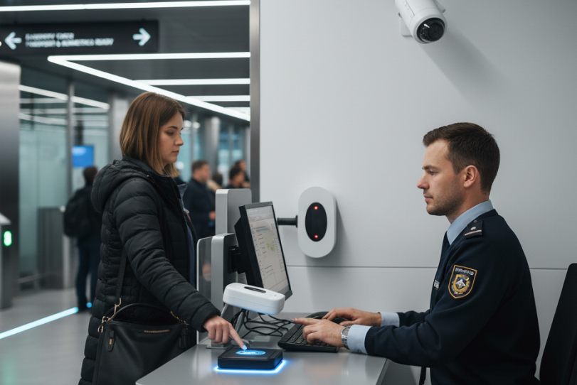 Un agente de control fronterizo en un aeropuerto verifica a una pasajera que coloca su dedo en un escáner biométrico, con sensores adicionales y una cámara de vigilancia visibles en un puesto de control moderno y tecnológico.
