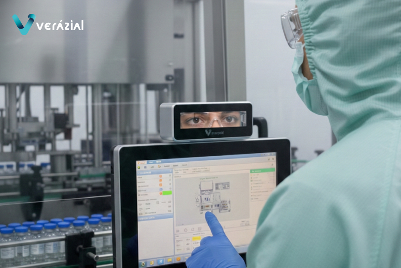 Técnico farmacéutico en sala blanca identificandose mediante biometría de iris
